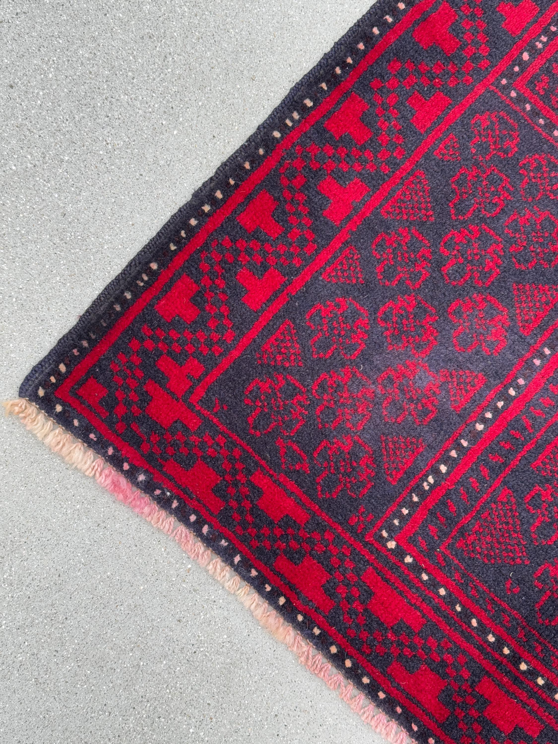 3x5 (91x152) Handmade Vintage Afghan Baluch Rug | Crimson Red Midnight Blue Black Cream White Ivory | Wool Geometric Traditional Persian