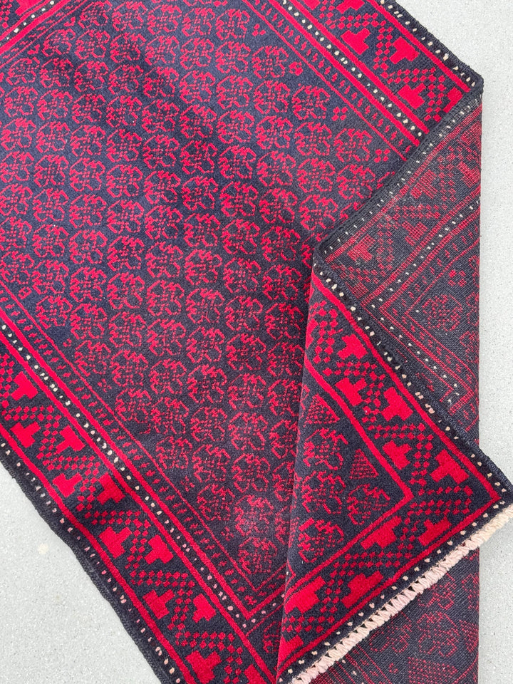 3x5 (91x152) Handmade Vintage Afghan Baluch Rug | Crimson Red Midnight Blue Black Cream White Ivory | Wool Geometric Traditional Persian