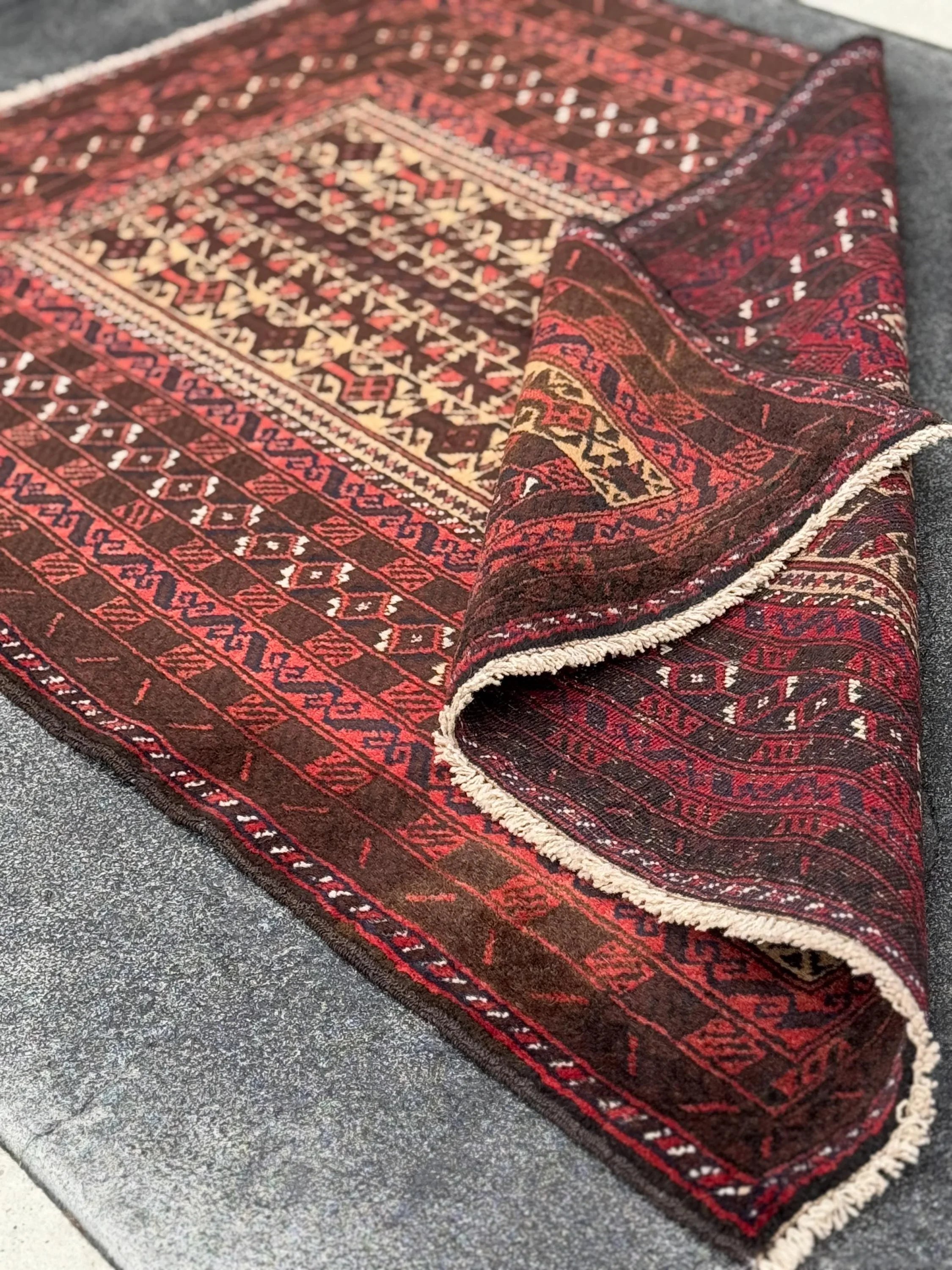3x5 (91x152) Handmade Vintage Afghan Baluch Rug | Brick Red Coffee Chocolate Brown Black Midnight Blue White Ivory Cream Sand Gold Saffron
