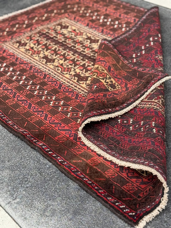 3x5 (91x152) Handmade Vintage Afghan Baluch Rug | Brick Red Coffee Chocolate Brown Black Midnight Blue White Ivory Cream Sand Gold Saffron