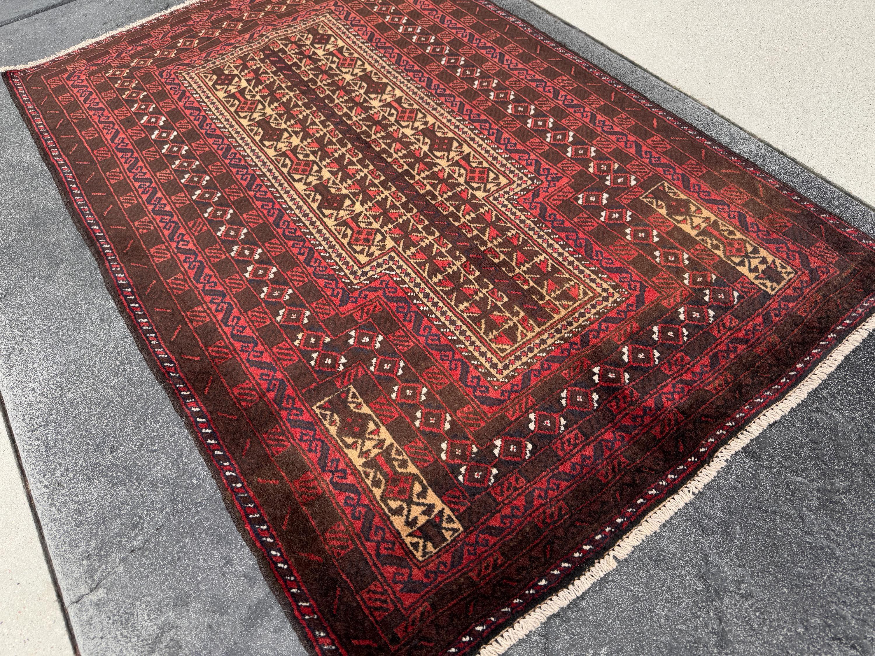 3x5 (91x152) Handmade Vintage Afghan Baluch Rug | Brick Red Coffee Chocolate Brown Black Midnight Blue White Ivory Cream Sand Gold Saffron