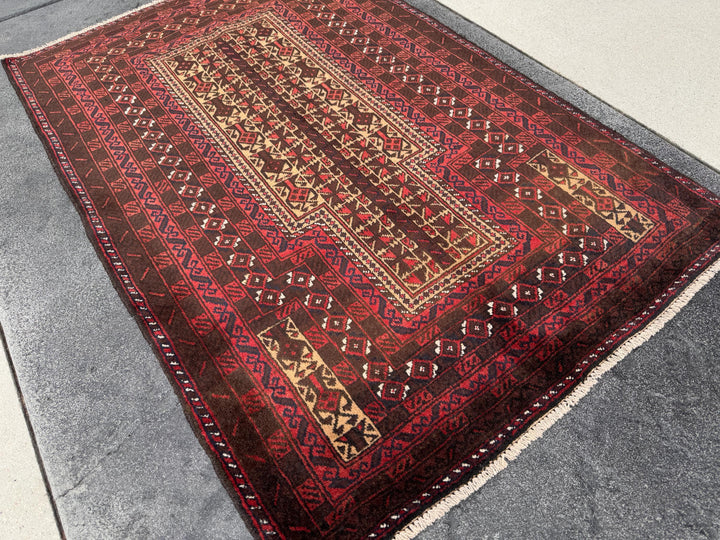 3x5 (91x152) Handmade Vintage Afghan Baluch Rug | Brick Red Coffee Chocolate Brown Black Midnight Blue White Ivory Cream Sand Gold Saffron