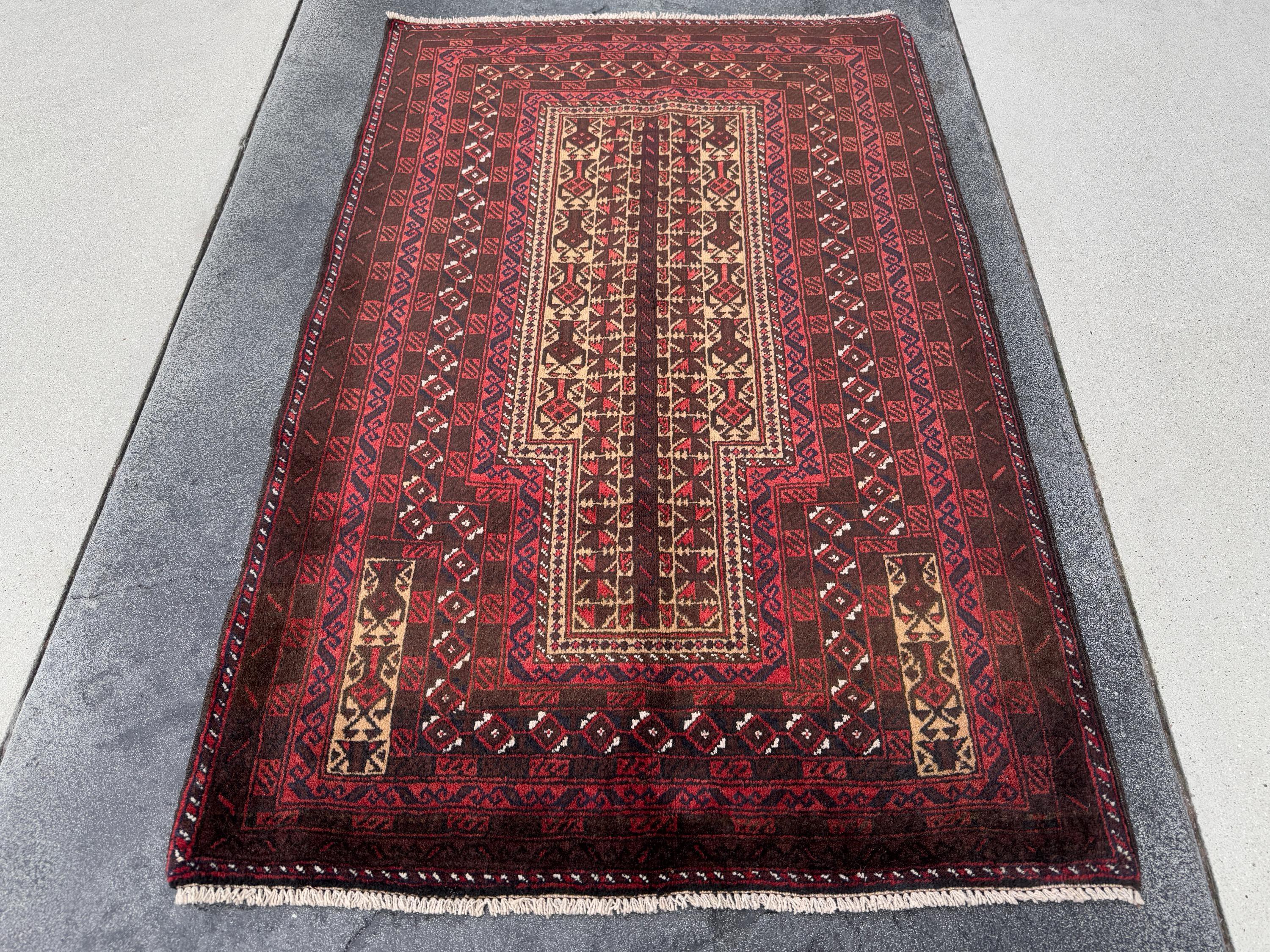 3x5 (91x152) Handmade Vintage Afghan Baluch Rug | Brick Red Coffee Chocolate Brown Black Midnight Blue White Ivory Cream Sand Gold Saffron