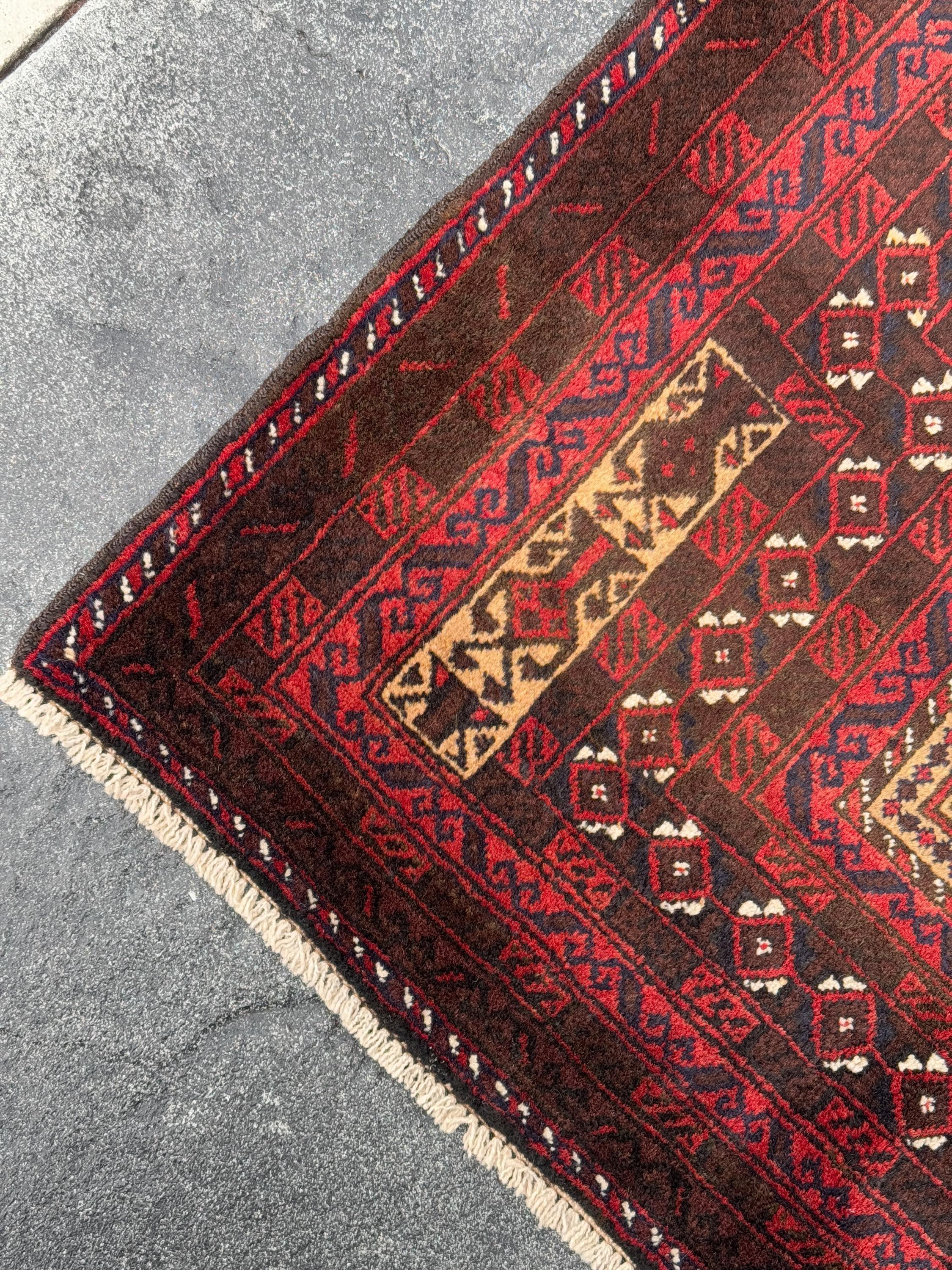 3x5 (91x152) Handmade Vintage Afghan Baluch Rug | Brick Red Coffee Chocolate Brown Black Midnight Blue White Ivory Cream Sand Gold Saffron