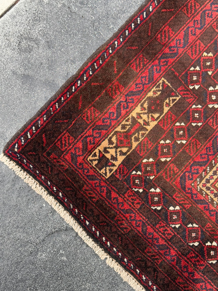 3x5 (91x152) Handmade Vintage Afghan Baluch Rug | Brick Red Coffee Chocolate Brown Black Midnight Blue White Ivory Cream Sand Gold Saffron