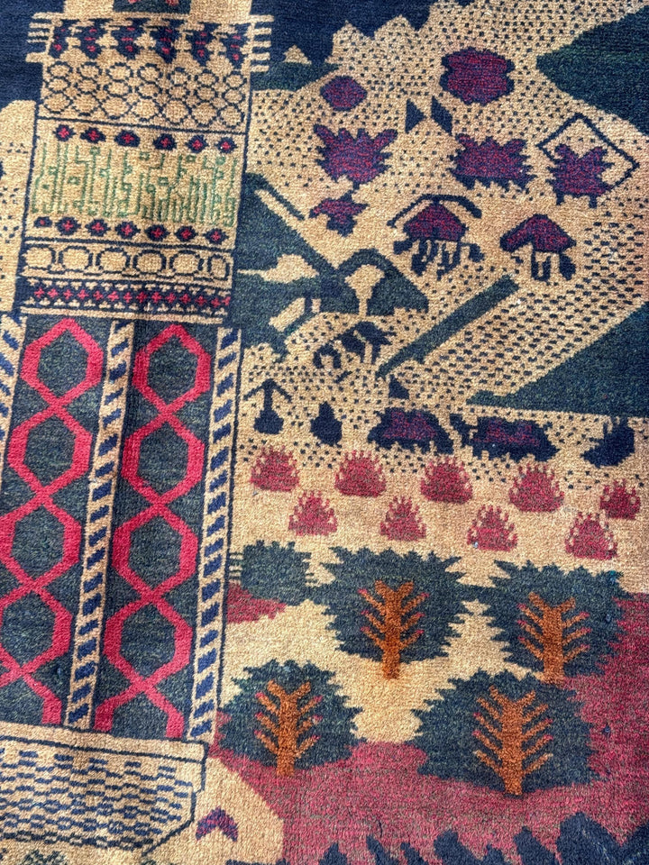 3x5 (91x152) Handmade Vintage Afghan Baluch Rug | Midnight Navy Blue Beige Sand Caramel Tan Brown Rust Orange Brick Crimson Red Forest Green