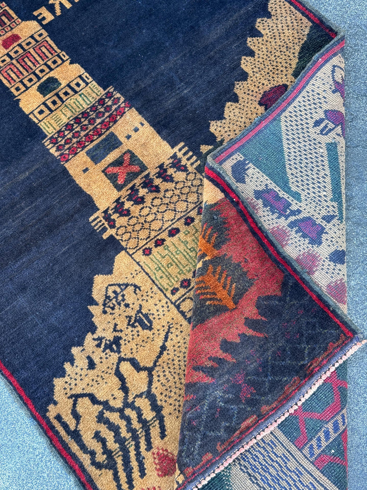 3x5 (91x152) Handmade Vintage Afghan Baluch Rug | Midnight Navy Blue Beige Sand Caramel Tan Brown Rust Orange Brick Crimson Red Forest Green