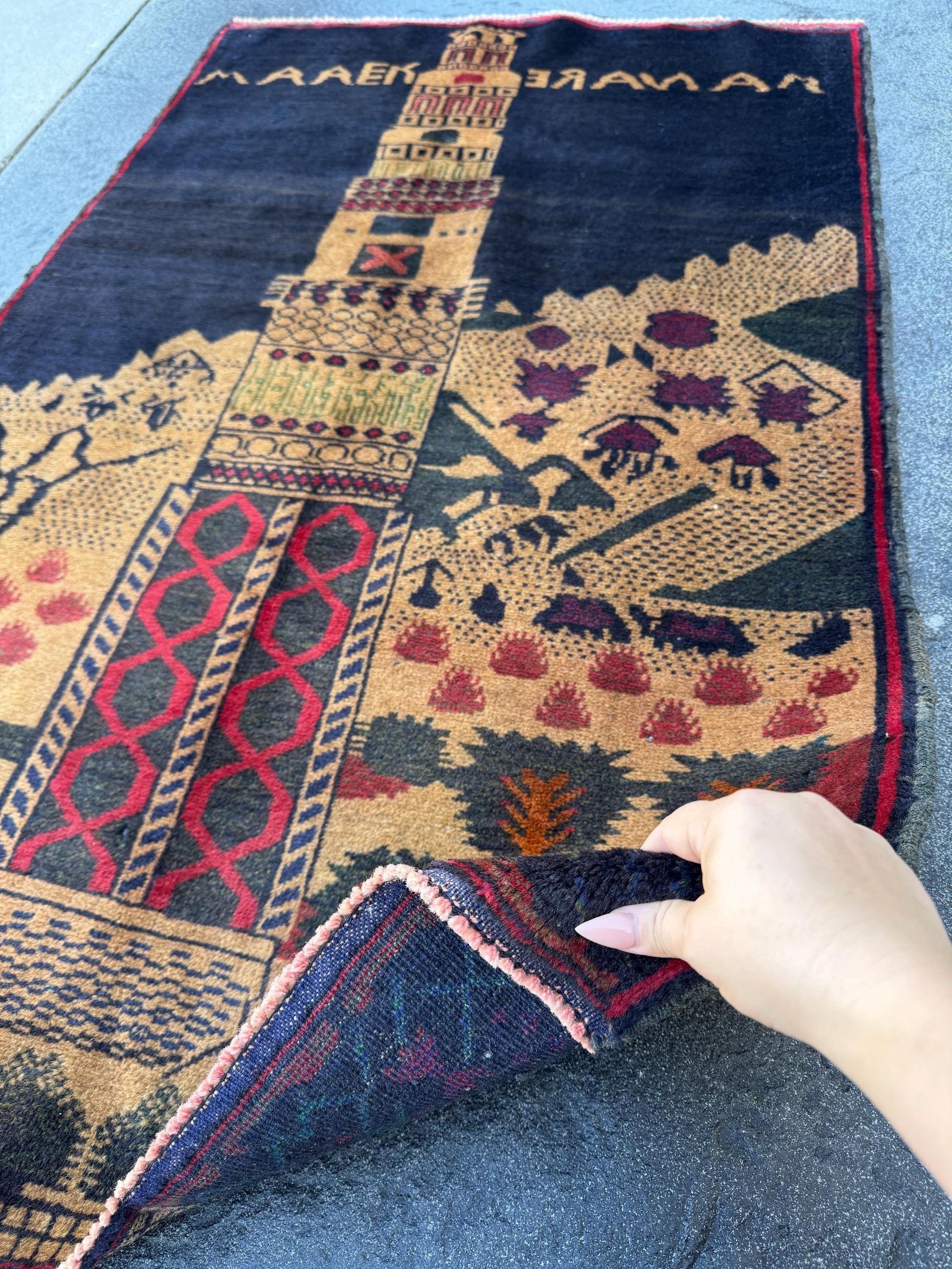 3x5 (91x152) Handmade Vintage Afghan Baluch Rug | Midnight Navy Blue Beige Sand Caramel Tan Brown Rust Orange Brick Crimson Red Forest Green