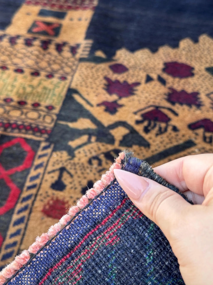 3x5 (91x152) Handmade Vintage Afghan Baluch Rug | Midnight Navy Blue Beige Sand Caramel Tan Brown Rust Orange Brick Crimson Red Forest Green