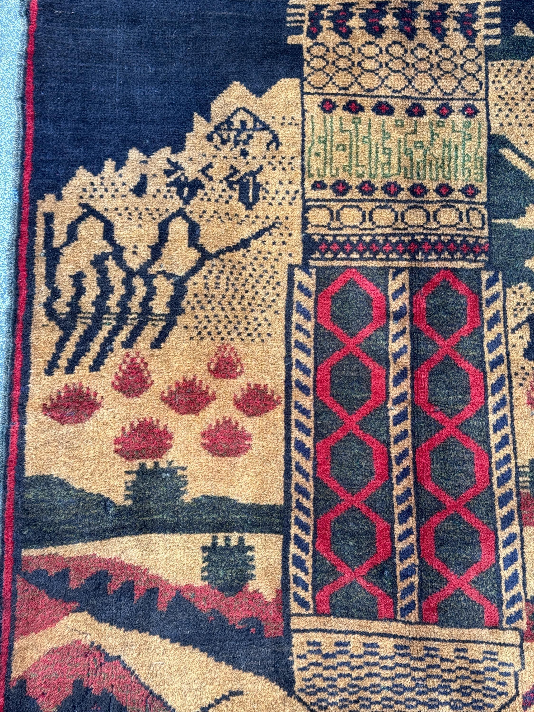 3x5 (91x152) Handmade Vintage Afghan Baluch Rug | Midnight Navy Blue Beige Sand Caramel Tan Brown Rust Orange Brick Crimson Red Forest Green