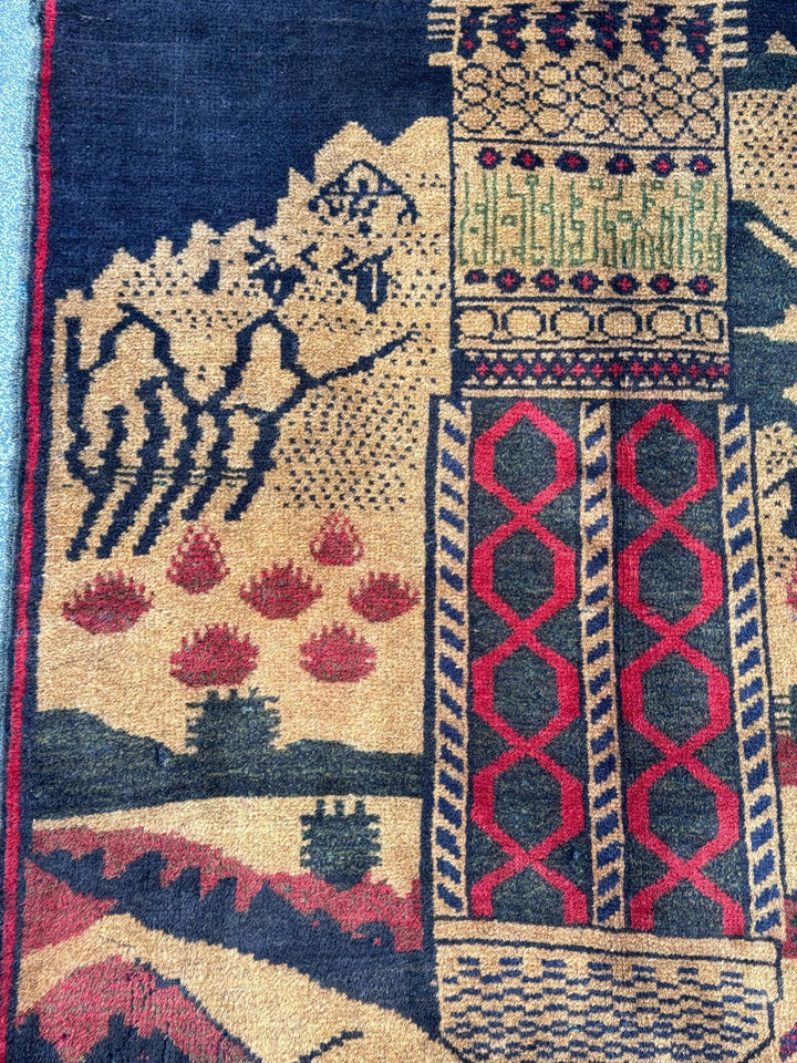 3x5 (91x152) Handmade Vintage Afghan Baluch Rug | Midnight Navy Blue Beige Sand Caramel Tan Brown Rust Orange Brick Crimson Red Forest Green