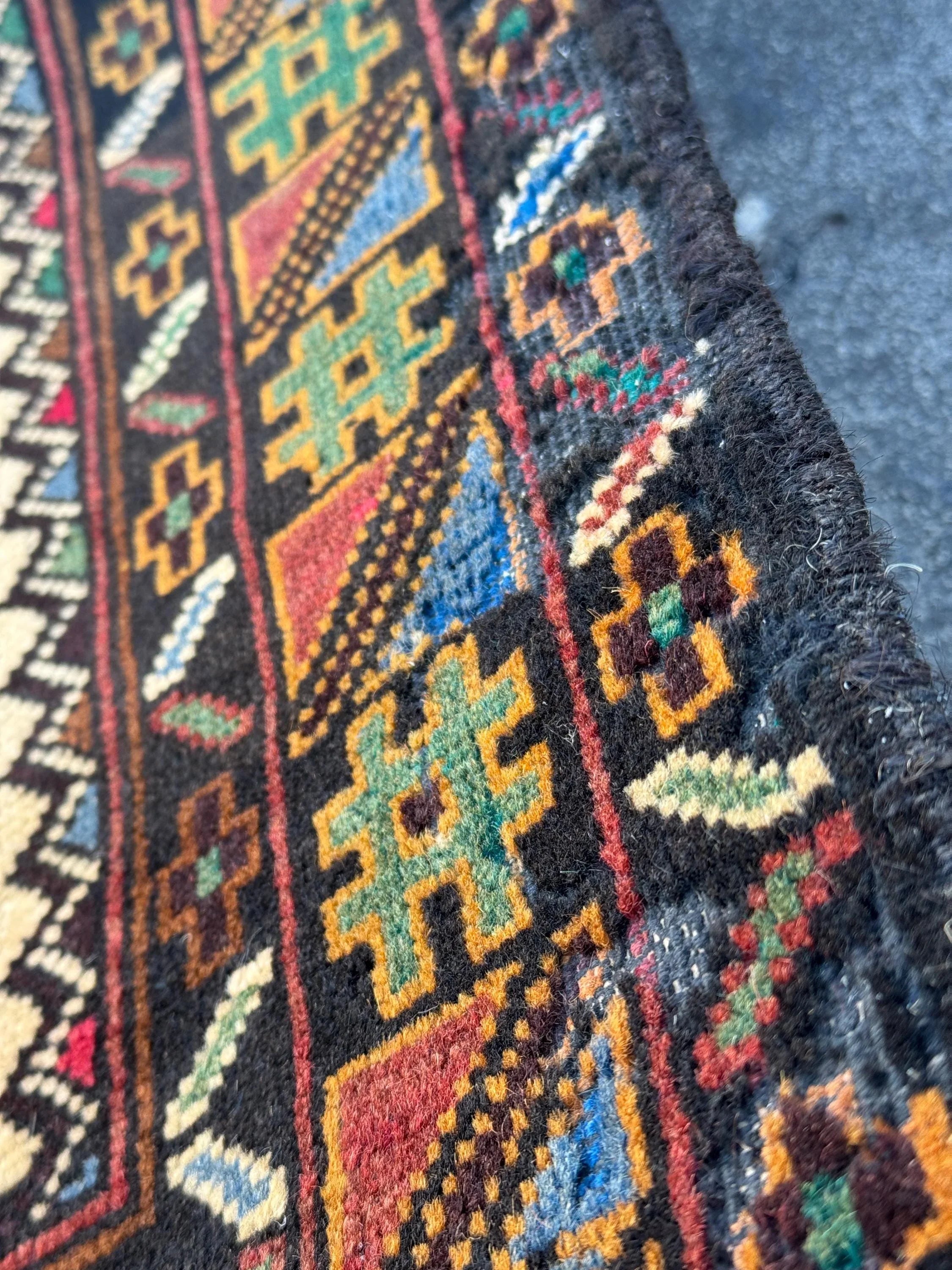 3x4-5 Handmade Vintage Afghan Baluch Rug Black Pine Forest Green Brick Burgundy Crimson Red Cream Caramel Coffee Brown Denim Blue Yellow