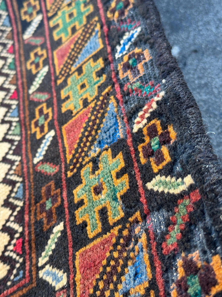 3x4-5 Handmade Vintage Afghan Baluch Rug Black Pine Forest Green Brick Burgundy Crimson Red Cream Caramel Coffee Brown Denim Blue Yellow