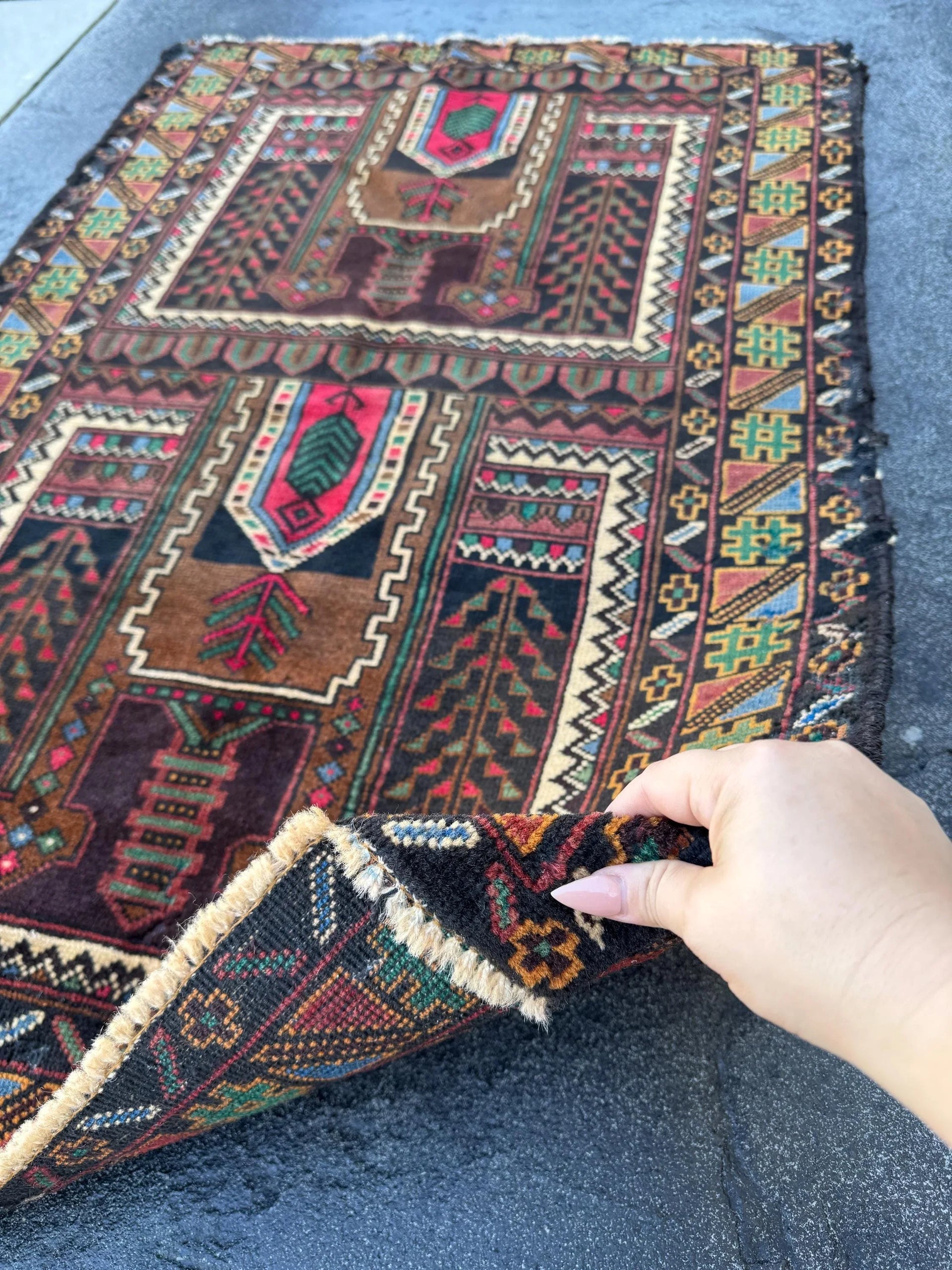 3x4-5 Handmade Vintage Afghan Baluch Rug Black Pine Forest Green Brick Burgundy Crimson Red Cream Caramel Coffee Brown Denim Blue Yellow