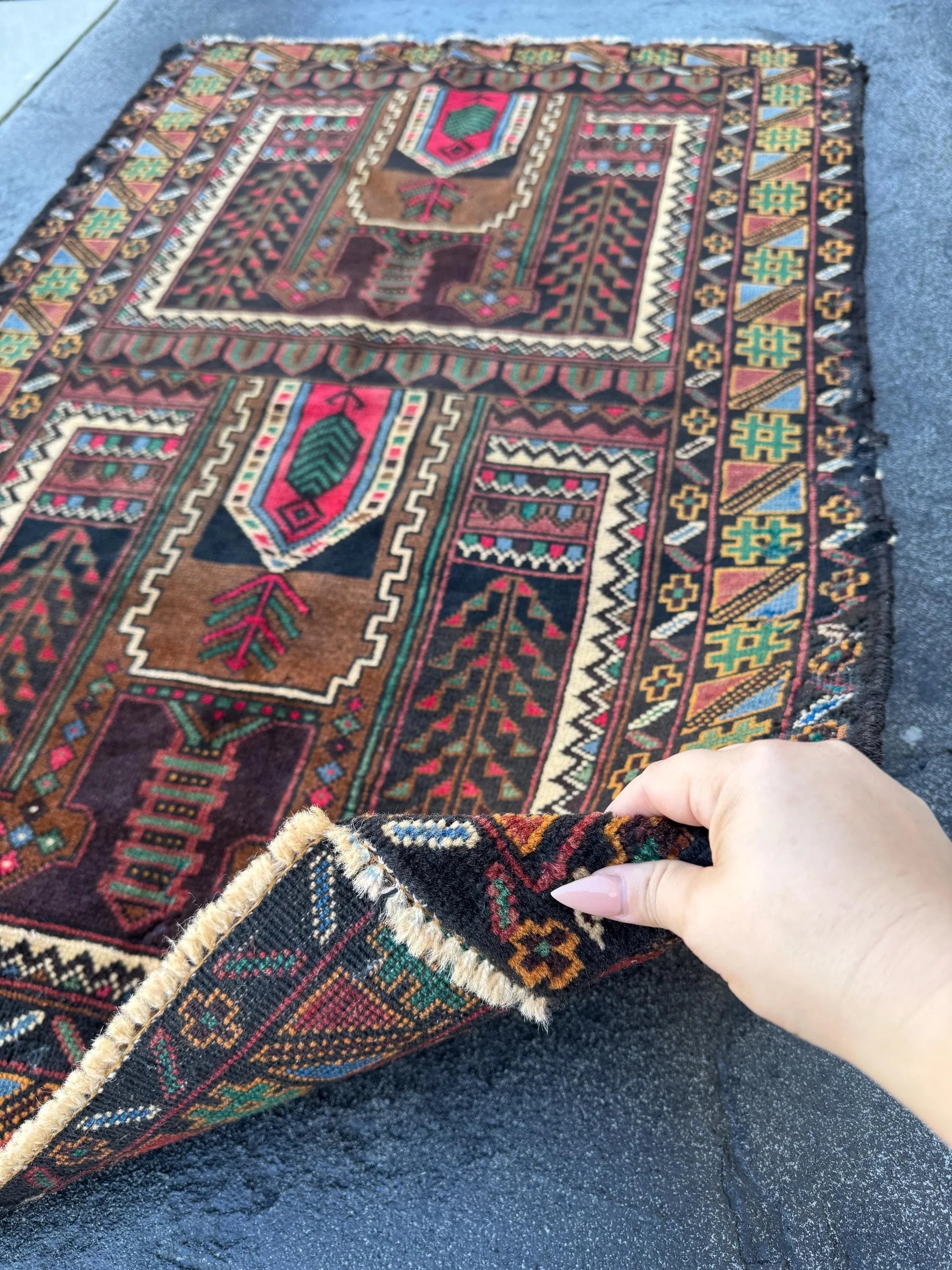 3x4-5 Handmade Vintage Afghan Baluch Rug Black Pine Forest Green Brick Burgundy Crimson Red Cream Caramel Coffee Brown Denim Blue Yellow