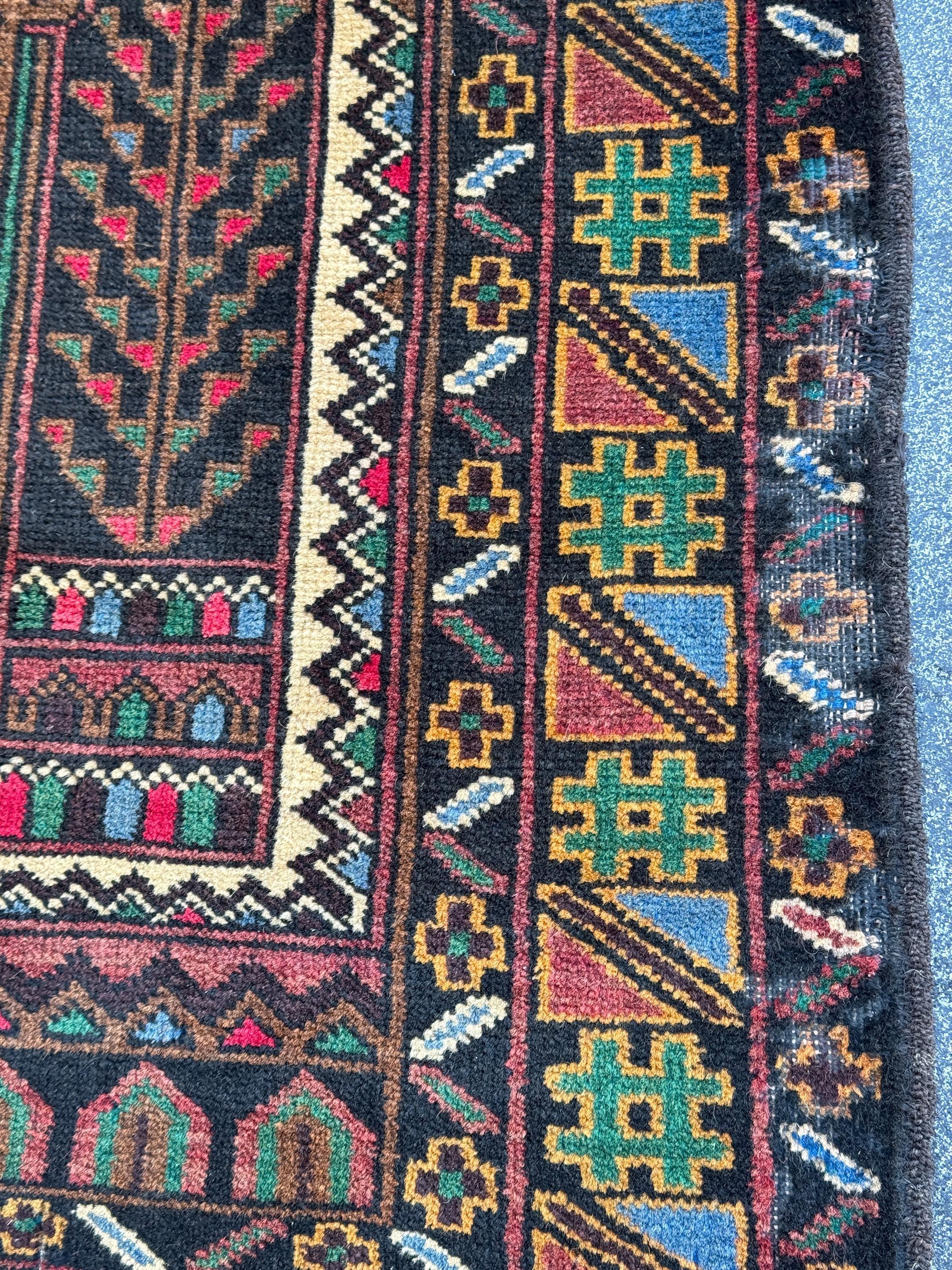 3x4-5 Handmade Vintage Afghan Baluch Rug Black Pine Forest Green Brick Burgundy Crimson Red Cream Caramel Coffee Brown Denim Blue Yellow