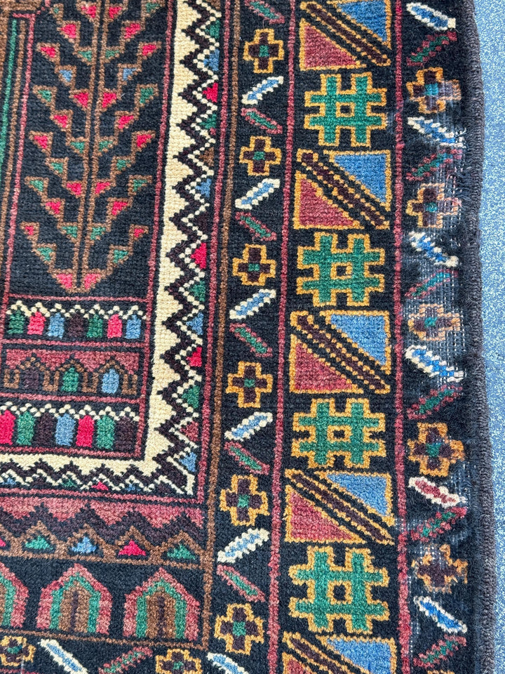 3x4-5 Handmade Vintage Afghan Baluch Rug Black Pine Forest Green Brick Burgundy Crimson Red Cream Caramel Coffee Brown Denim Blue Yellow