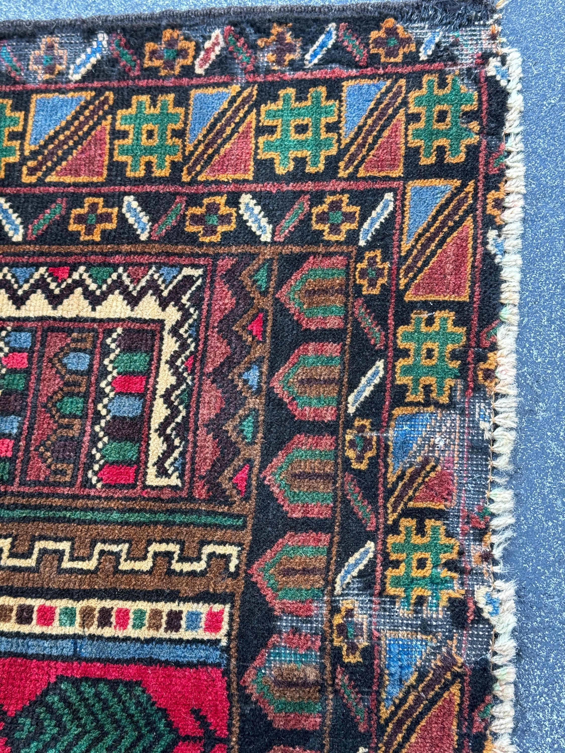 3x4-5 Handmade Vintage Afghan Baluch Rug Black Pine Forest Green Brick Burgundy Crimson Red Cream Caramel Coffee Brown Denim Blue Yellow