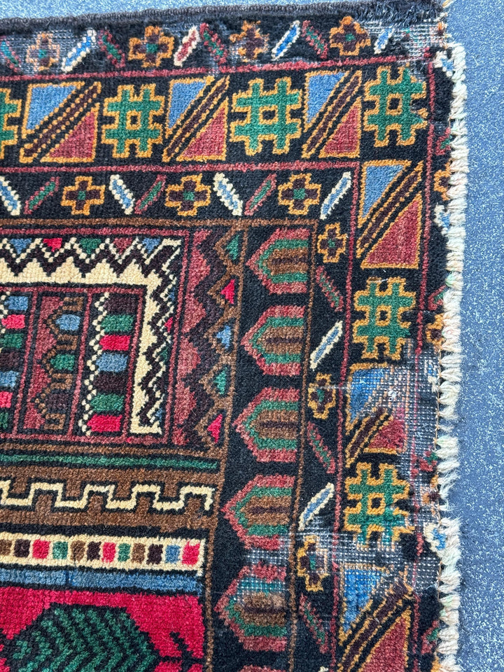 3x4-5 Handmade Vintage Afghan Baluch Rug Black Pine Forest Green Brick Burgundy Crimson Red Cream Caramel Coffee Brown Denim Blue Yellow