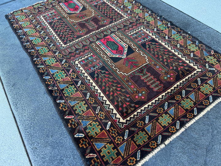 3x4-5 Handmade Vintage Afghan Baluch Rug Black Pine Forest Green Brick Burgundy Crimson Red Cream Caramel Coffee Brown Denim Blue Yellow