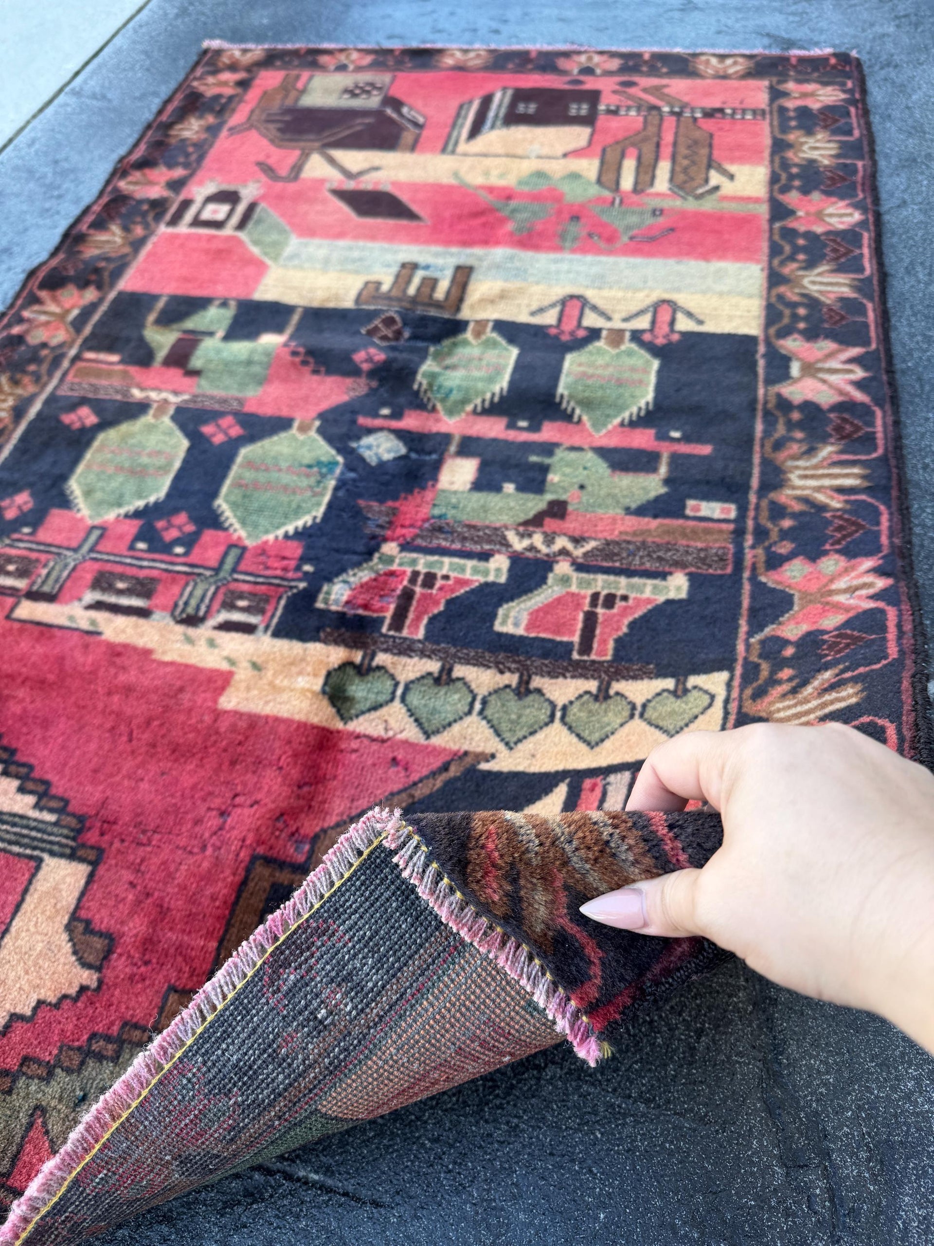 3x5 (91x152) Handmade Vintage Afghan Baluch Rug | Brick Red Midnight Blue Sage Green Black Maroon Peach Saffron Beige Tan Caramel Brown Grey