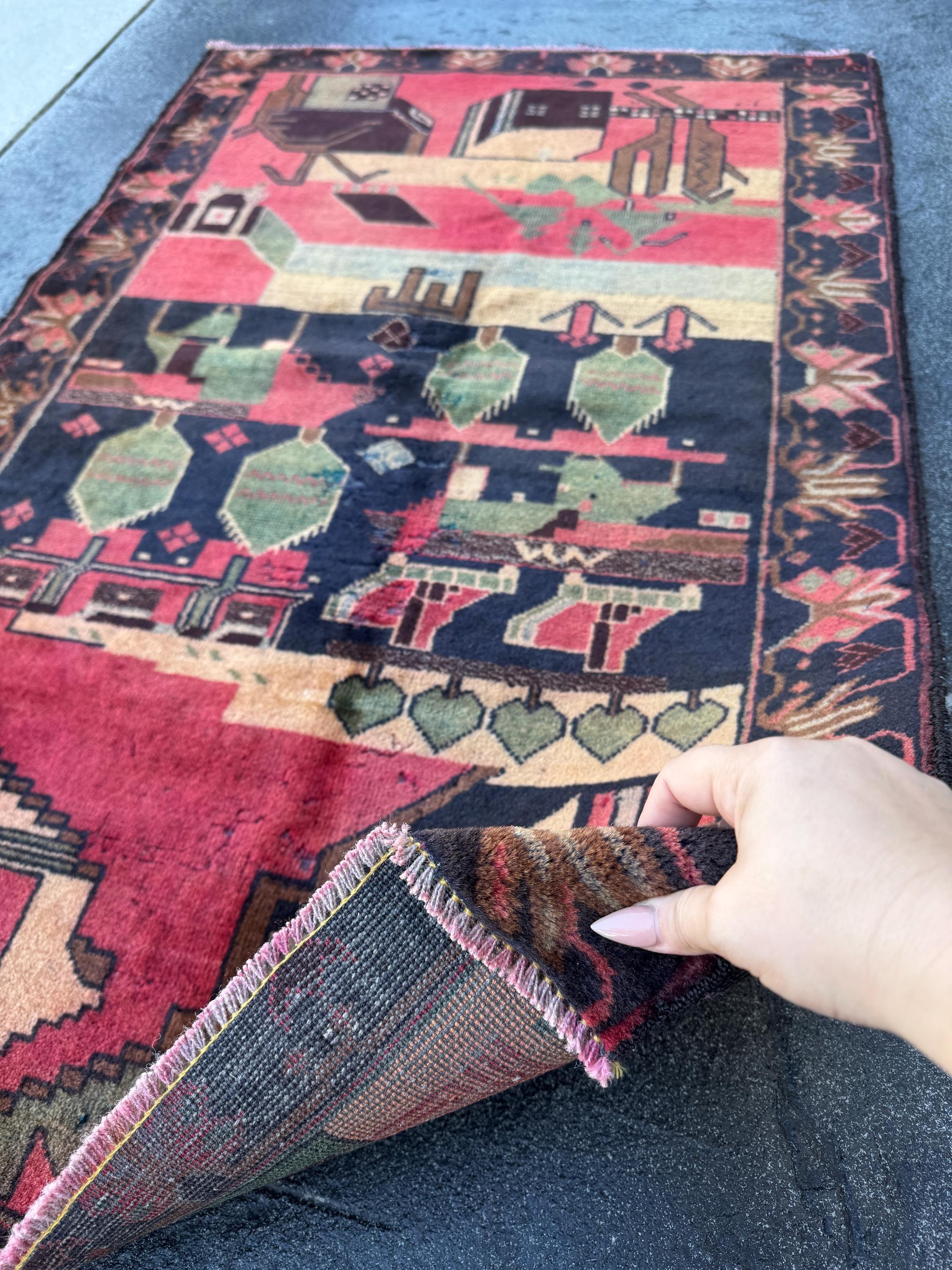 3x5 (91x152) Handmade Vintage Afghan Baluch Rug | Brick Red Midnight Blue Sage Green Black Maroon Peach Saffron Beige Tan Caramel Brown Grey