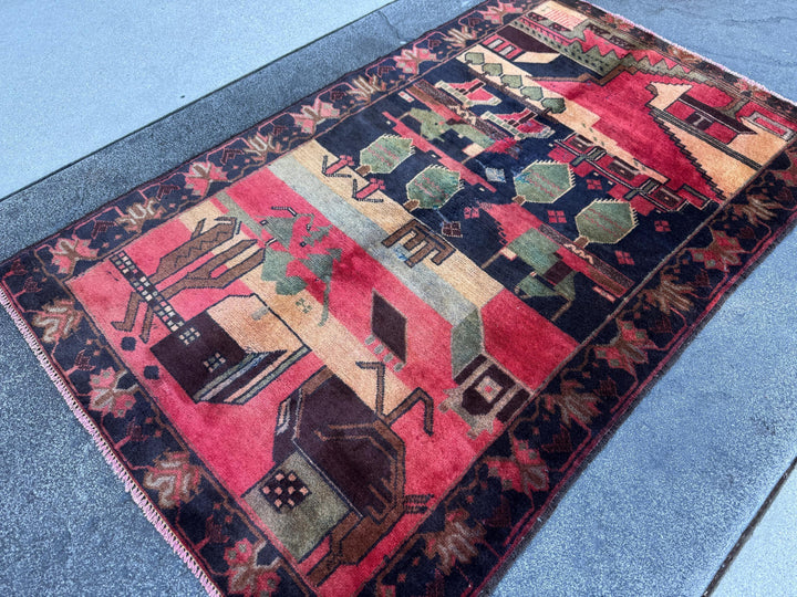 3x5 (91x152) Handmade Vintage Afghan Baluch Rug | Brick Red Midnight Blue Sage Green Black Maroon Peach Saffron Beige Tan Caramel Brown Grey