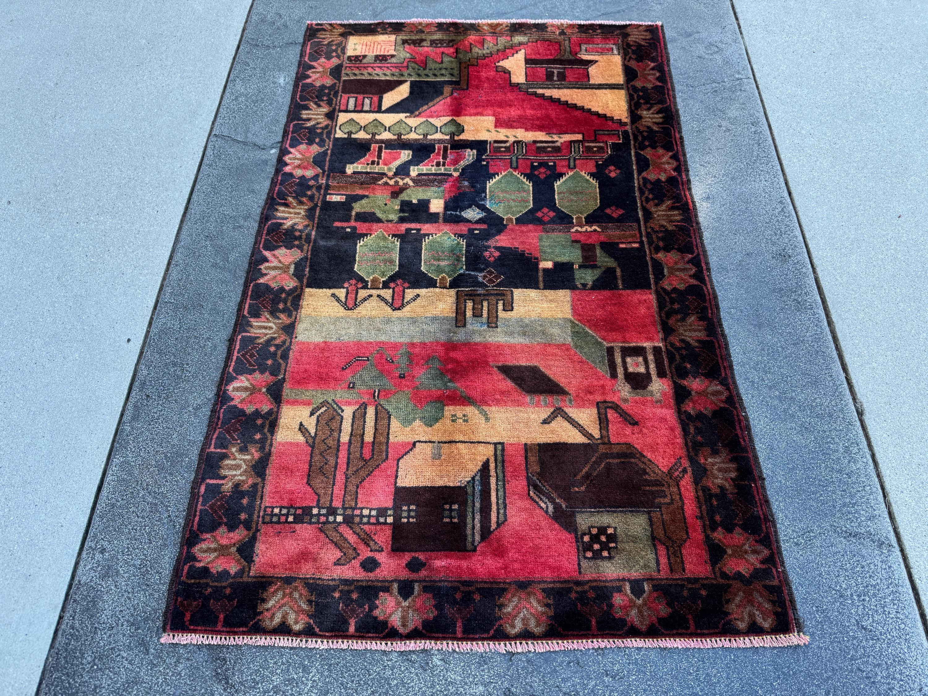 3x5 (91x152) Handmade Vintage Afghan Baluch Rug | Brick Red Midnight Blue Sage Green Black Maroon Peach Saffron Beige Tan Caramel Brown Grey