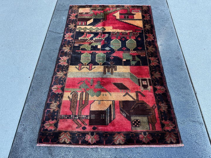 3x5 (91x152) Handmade Vintage Afghan Baluch Rug | Brick Red Midnight Blue Sage Green Black Maroon Peach Saffron Beige Tan Caramel Brown Grey