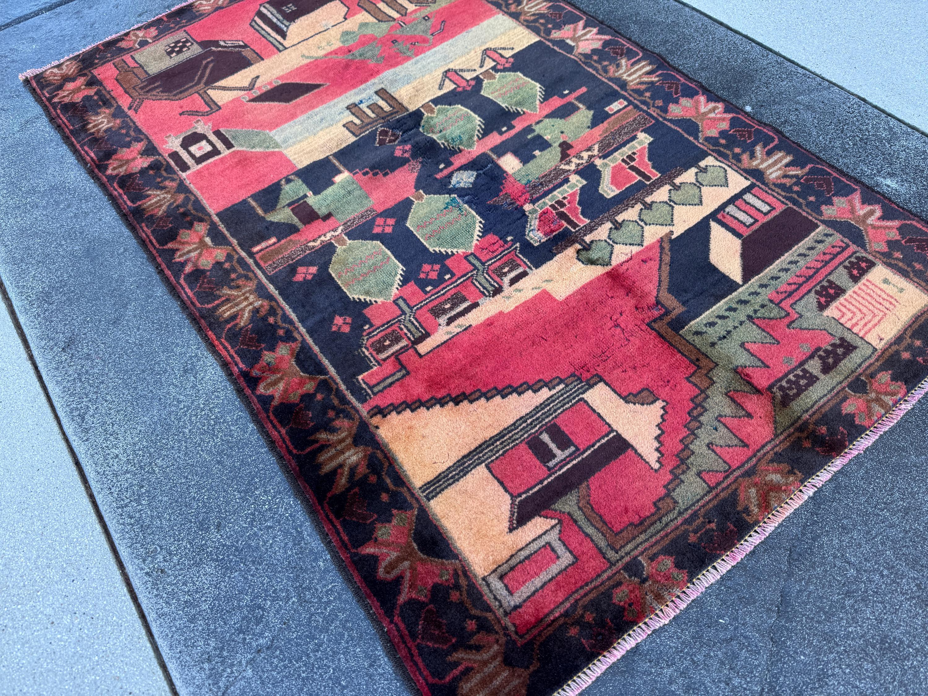 3x5 (91x152) Handmade Vintage Afghan Baluch Rug | Brick Red Midnight Blue Sage Green Black Maroon Peach Saffron Beige Tan Caramel Brown Grey