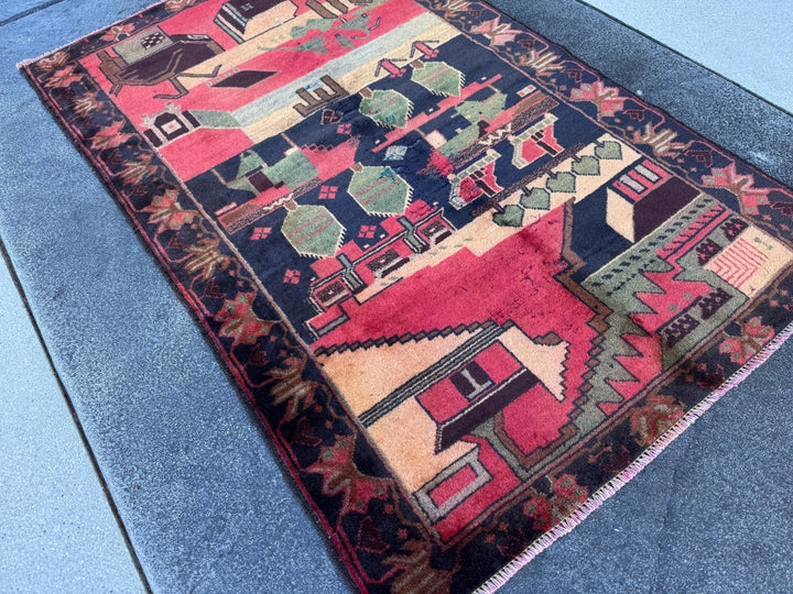 3x5 (91x152) Handmade Vintage Afghan Baluch Rug | Brick Red Midnight Blue Sage Green Black Maroon Peach Saffron Beige Tan Caramel Brown Grey