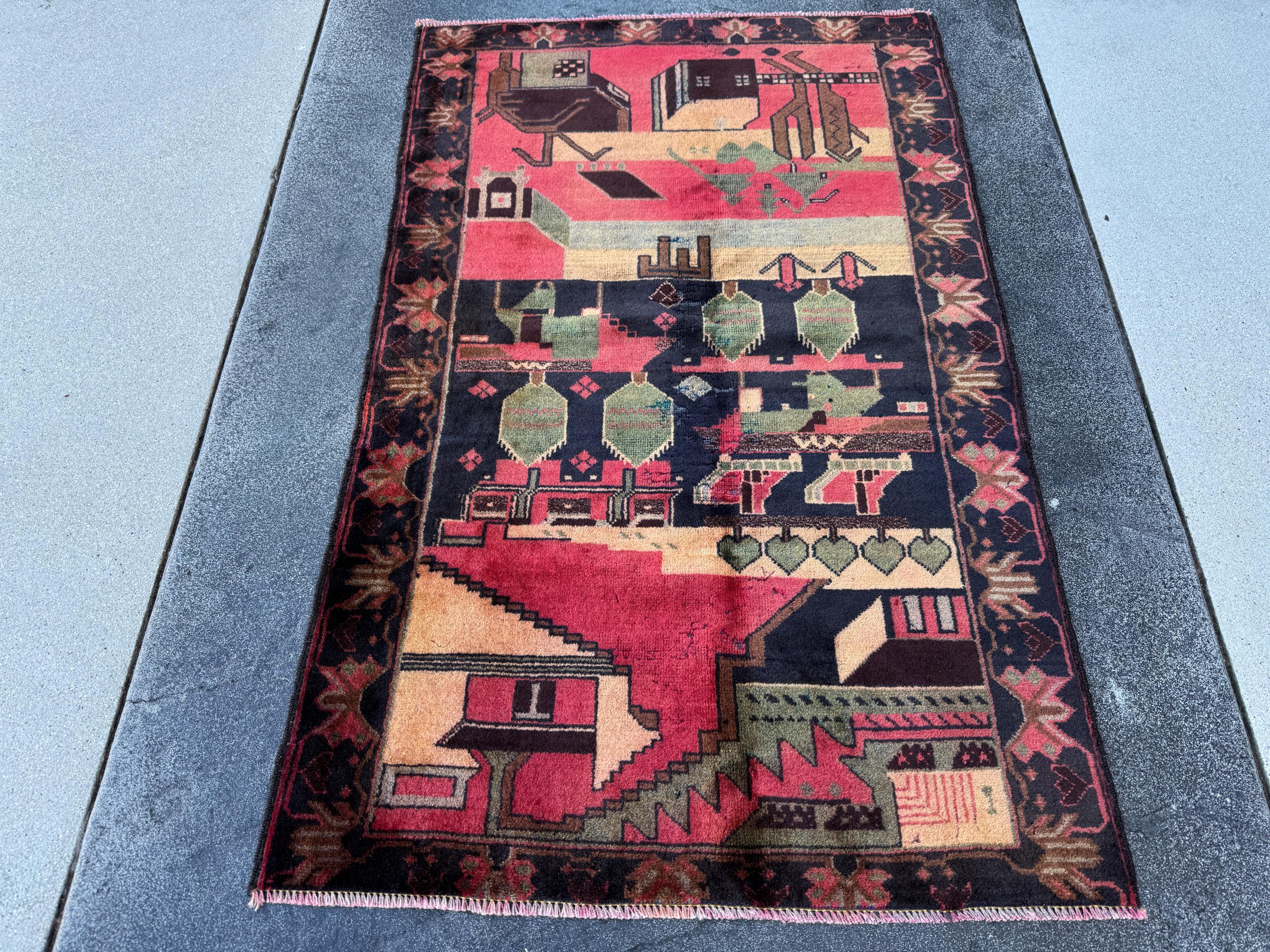3x5 (91x152) Handmade Vintage Afghan Baluch Rug | Brick Red Midnight Blue Sage Green Black Maroon Peach Saffron Beige Tan Caramel Brown Grey