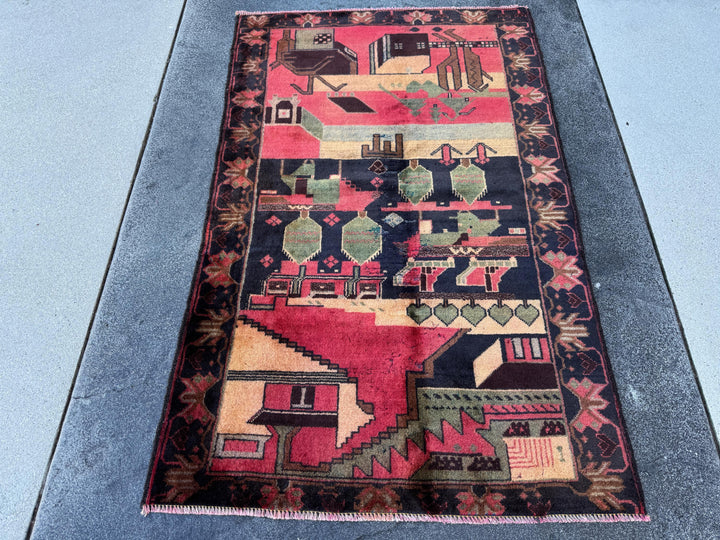 3x5 (91x152) Handmade Vintage Afghan Baluch Rug | Brick Red Midnight Blue Sage Green Black Maroon Peach Saffron Beige Tan Caramel Brown Grey