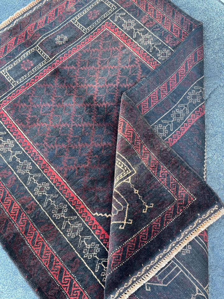 3x4 (91x121) Handmade Vintage Afghan Baluch Rug | Black Brick Red Cream Tan Beige Maroon Burgundy | Wool Geometric Persian Traditional
