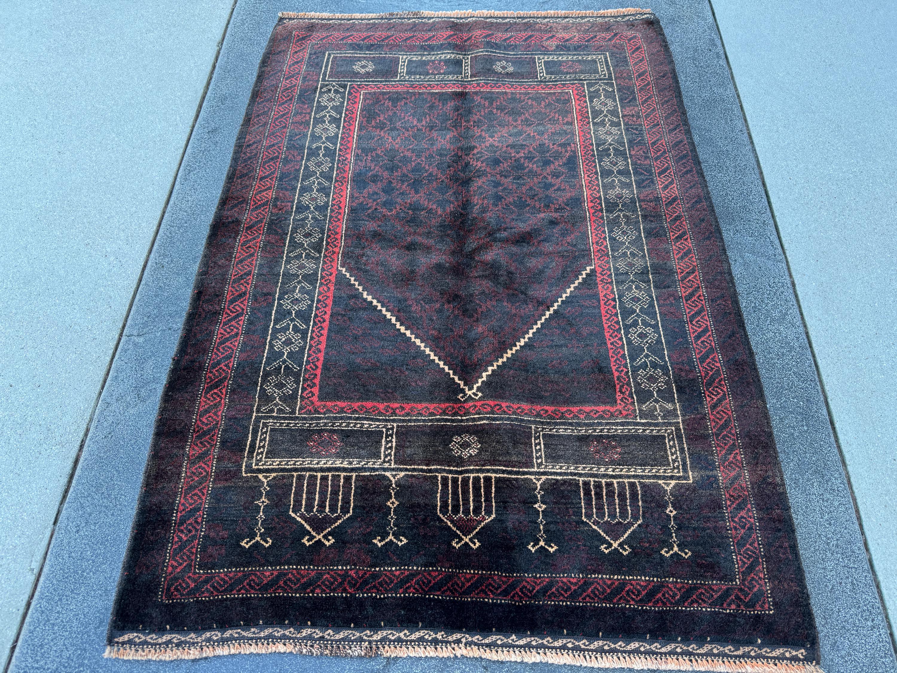 3x4 (91x121) Handmade Vintage Afghan Baluch Rug | Black Brick Red Cream Tan Beige Maroon Burgundy | Wool Geometric Persian Traditional