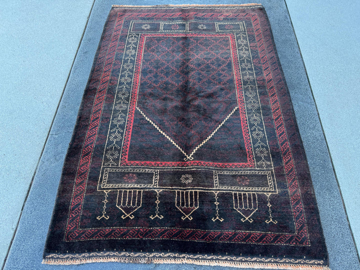 3x4 (91x121) Handmade Vintage Afghan Baluch Rug | Black Brick Red Cream Tan Beige Maroon Burgundy | Wool Geometric Persian Traditional