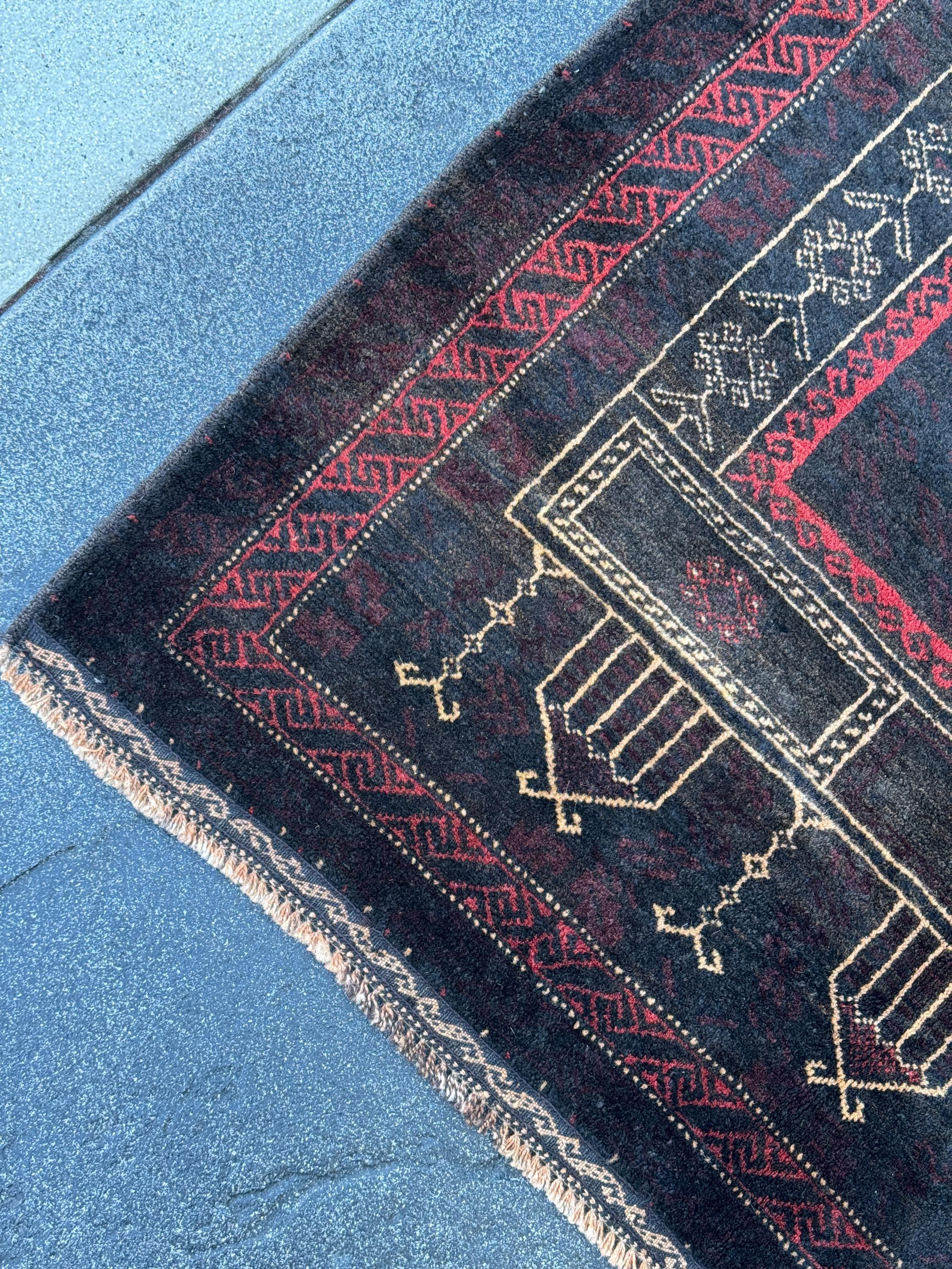3x4 (91x121) Handmade Vintage Afghan Baluch Rug | Black Brick Red Cream Tan Beige Maroon Burgundy | Wool Geometric Persian Traditional