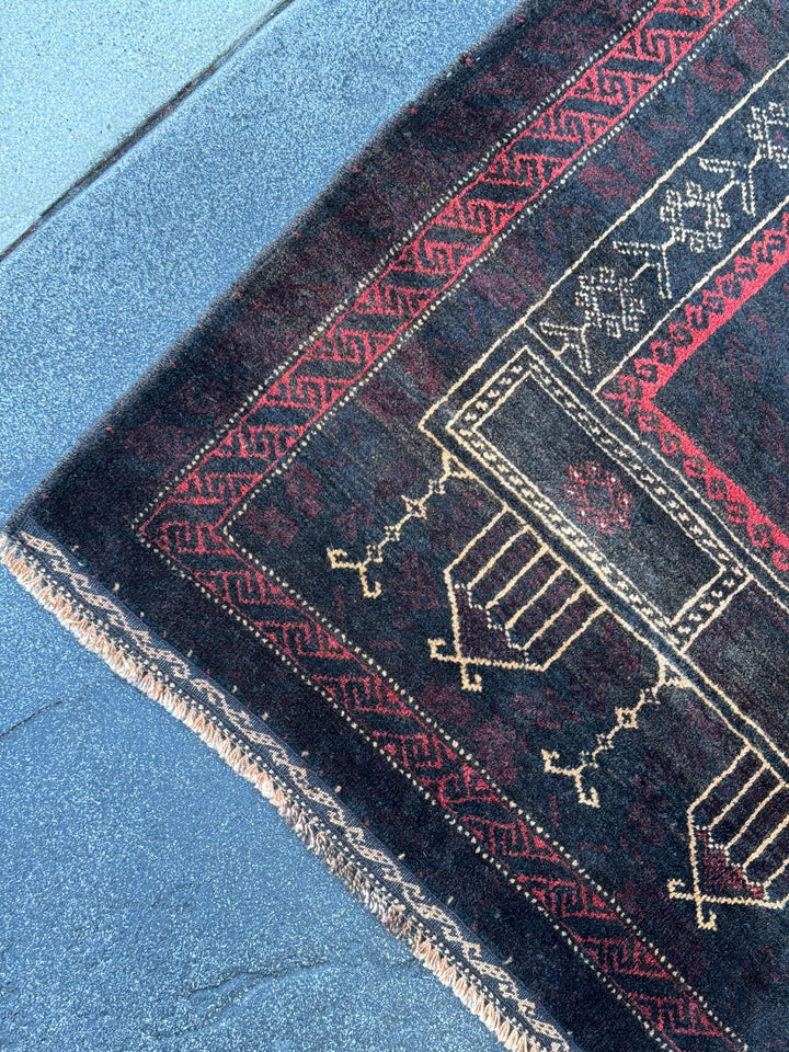 3x4 (91x121) Handmade Vintage Afghan Baluch Rug | Black Brick Red Cream Tan Beige Maroon Burgundy | Wool Geometric Persian Traditional
