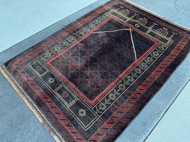 3x4 (91x121) Handmade Vintage Afghan Baluch Rug | Black Brick Red Cream Tan Beige Maroon Burgundy | Wool Geometric Persian Traditional