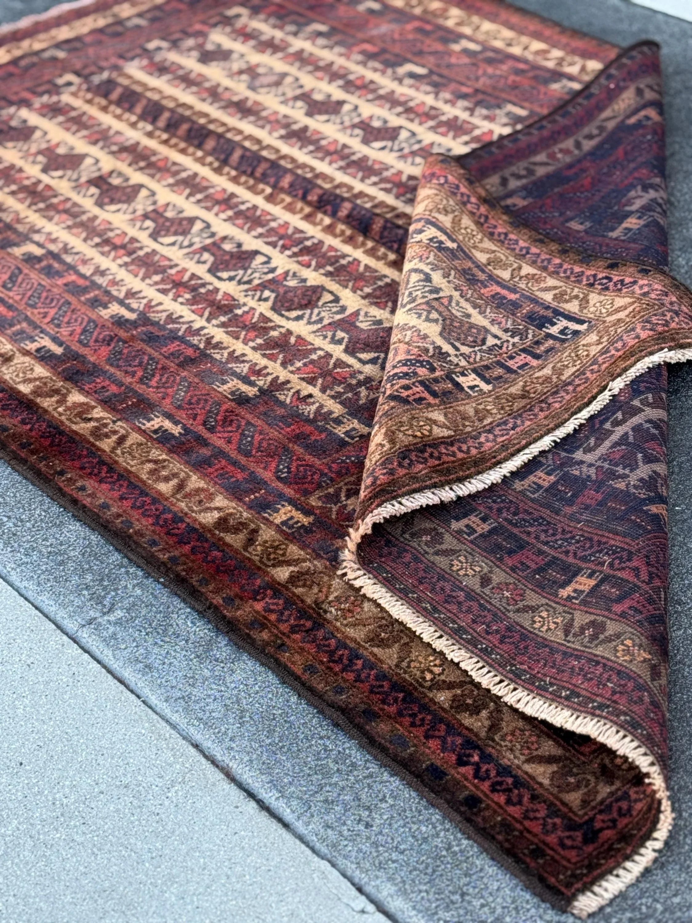 3x5-6 (91x152) Handmade Vintage Afghan Baluch Rug | Brick Red Caramel Sand Coffee Brown Beige Tan Cream | Wool Gabbeh Traditional Persian