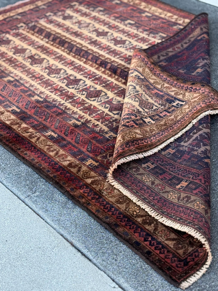 3x5-6 (91x152) Handmade Vintage Afghan Baluch Rug | Brick Red Caramel Sand Coffee Brown Beige Tan Cream | Wool Gabbeh Traditional Persian