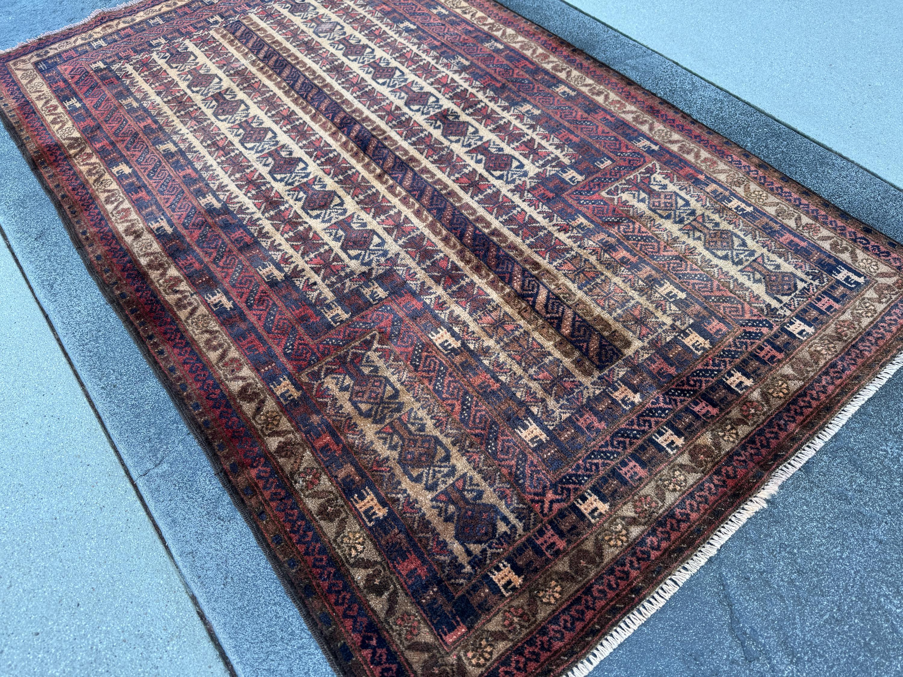 3x5-6 (91x152) Handmade Vintage Afghan Baluch Rug | Brick Red Caramel Sand Coffee Brown Beige Tan Cream | Wool Gabbeh Traditional Persian