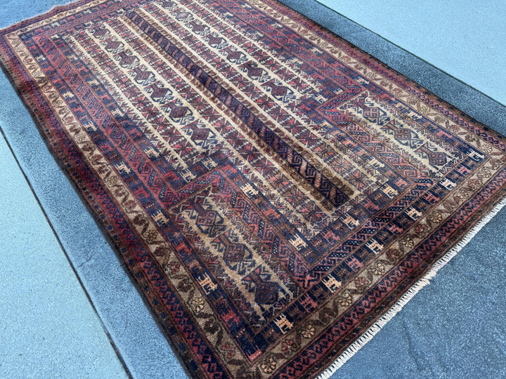 3x5-6 (91x152) Handmade Vintage Afghan Baluch Rug | Brick Red Caramel Sand Coffee Brown Beige Tan Cream | Wool Gabbeh Traditional Persian
