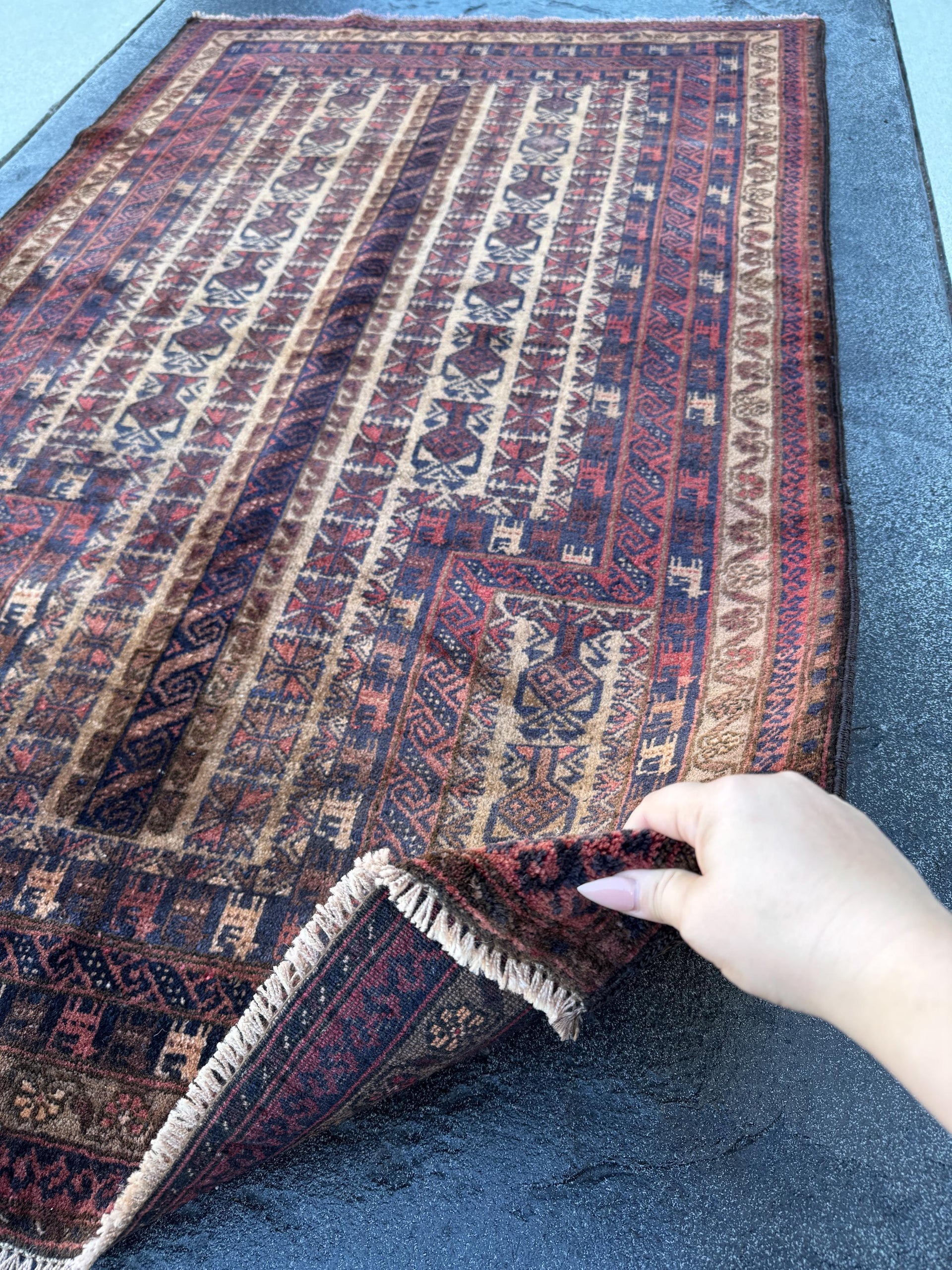 3x5-6 (91x152) Handmade Vintage Afghan Baluch Rug | Brick Red Caramel Sand Coffee Brown Beige Tan Cream | Wool Gabbeh Traditional Persian