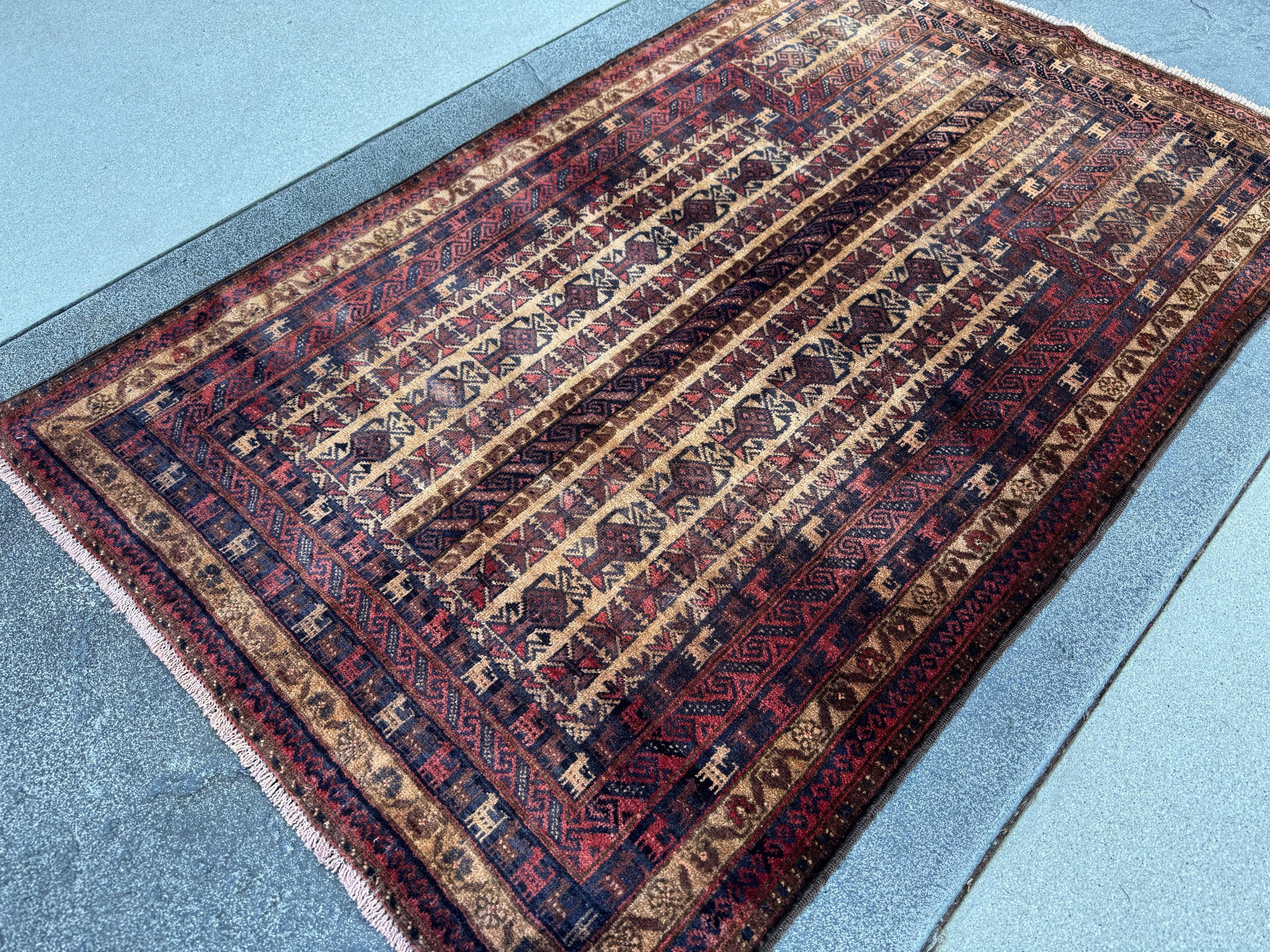 3x5-6 (91x152) Handmade Vintage Afghan Baluch Rug | Brick Red Caramel Sand Coffee Brown Beige Tan Cream | Wool Gabbeh Traditional Persian