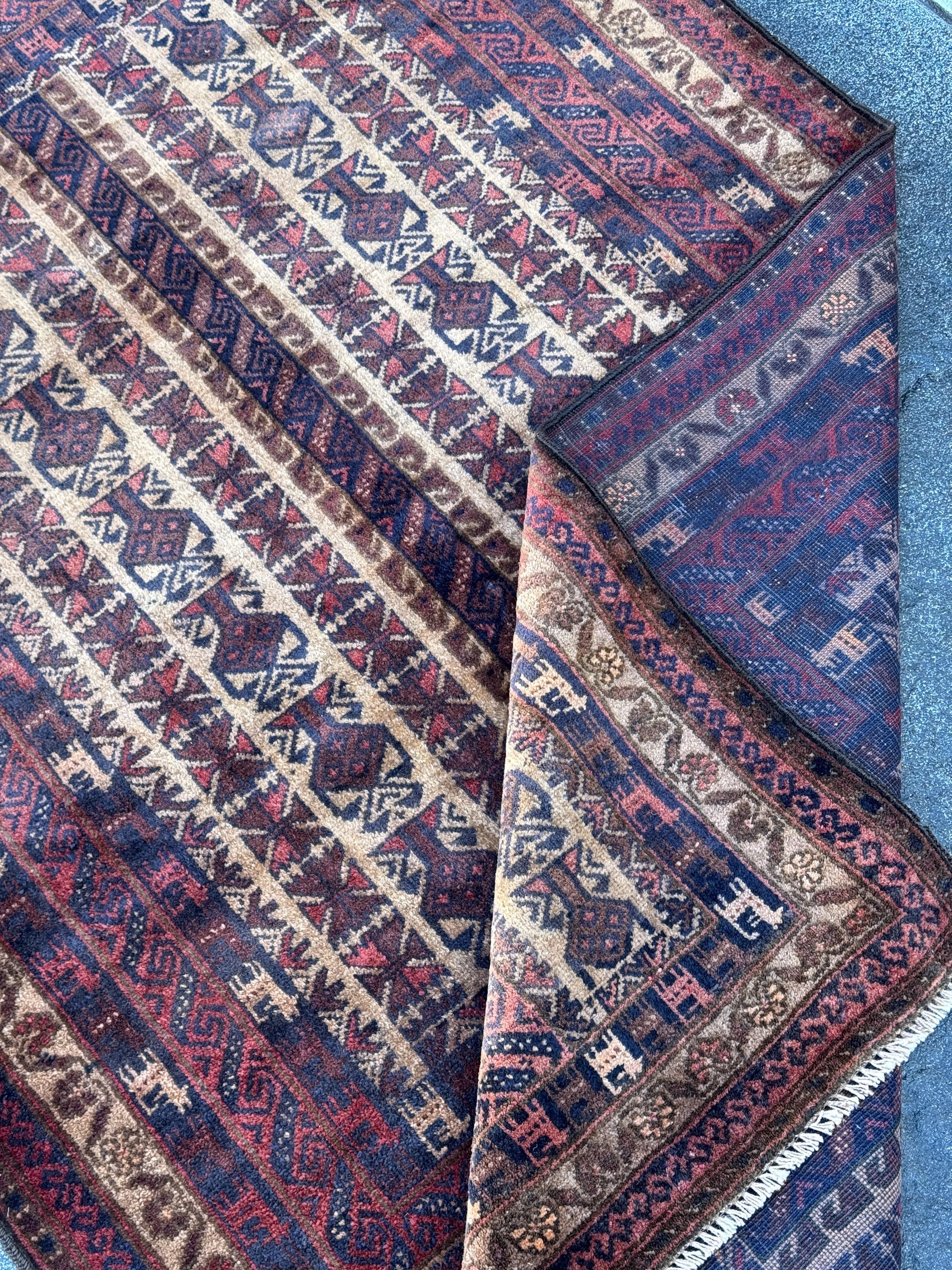 3x5-6 (91x152) Handmade Vintage Afghan Baluch Rug | Brick Red Caramel Sand Coffee Brown Beige Tan Cream | Wool Gabbeh Traditional Persian