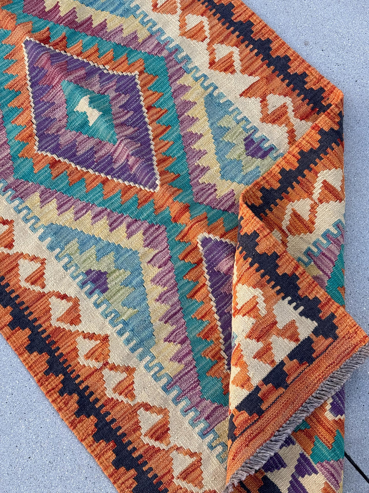 2-3x7 (66x213) Handmade Afghan Kilim Runner Rug Orange Black Cream Sand Brown Mint Green Teal Aqua Denim Midnight Blue Plum Eggplant Purple