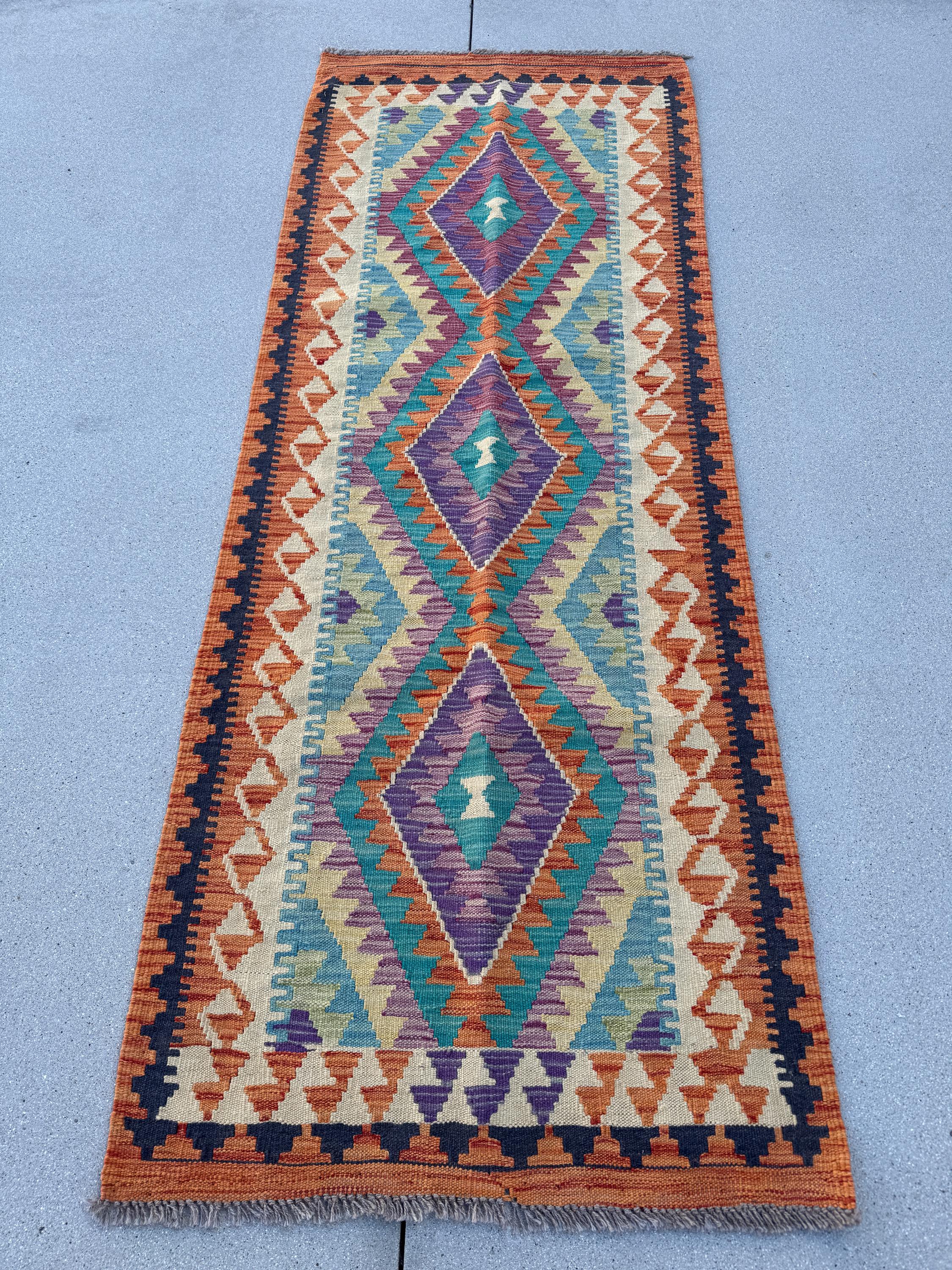 2-3x7 (66x213) Handmade Afghan Kilim Runner Rug Orange Black Cream Sand Brown Mint Green Teal Aqua Denim Midnight Blue Plum Eggplant Purple