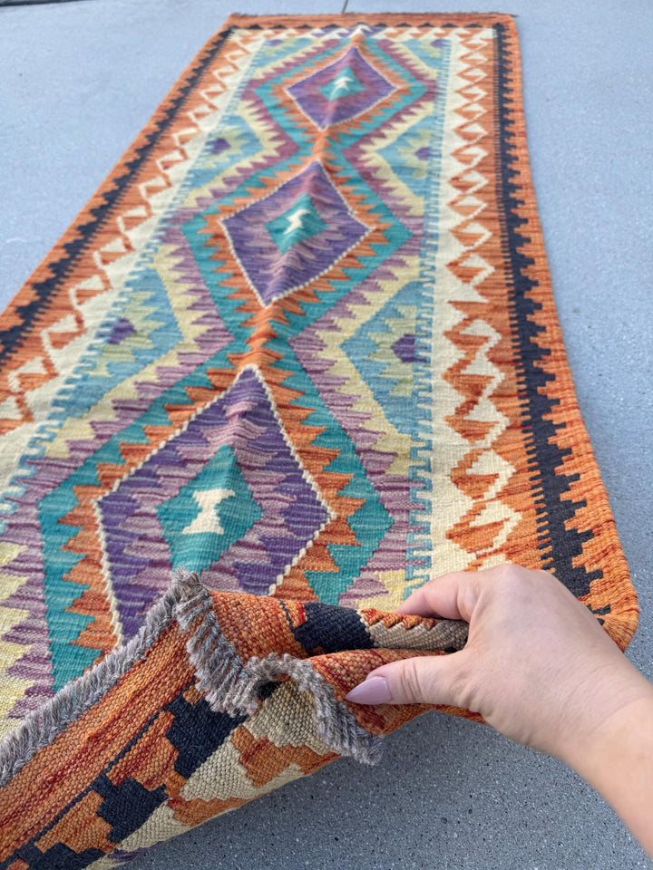 2-3x7 (66x213) Handmade Afghan Kilim Runner Rug Orange Black Cream Sand Brown Mint Green Teal Aqua Denim Midnight Blue Plum Eggplant Purple