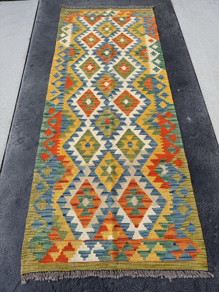 3x7 (90x213) Handmade Afghan Kilim Runner Rug | Olive Moss Forest Pine Green Denim Blue Cream Gold Mustard Yellow Orange | Wool Flatweave